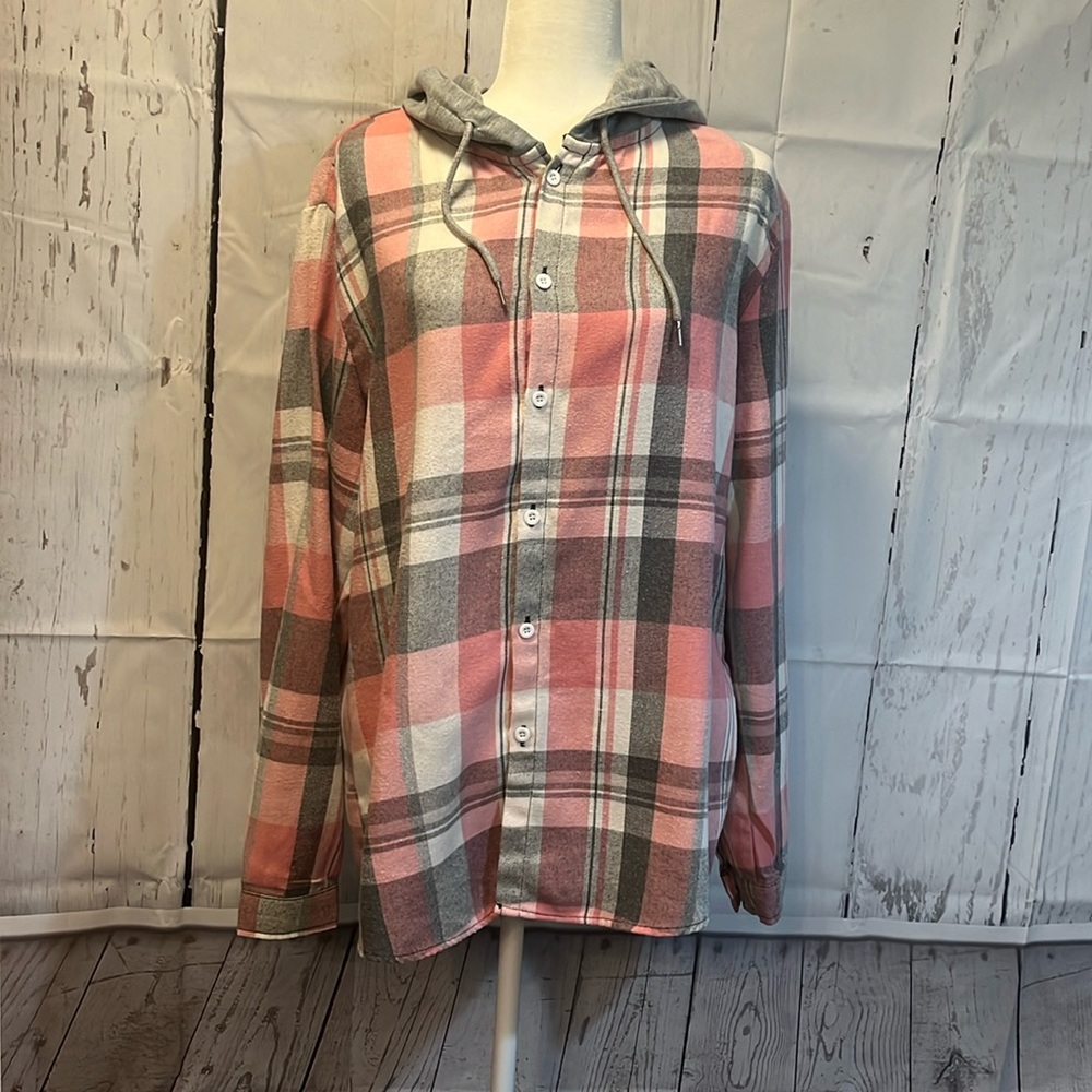 SHEIN women’s flannel shirt, large, pink grey white
